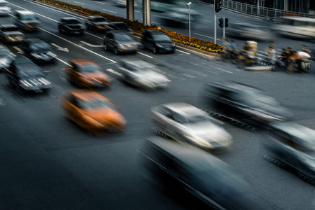 Fast moving car light in the city