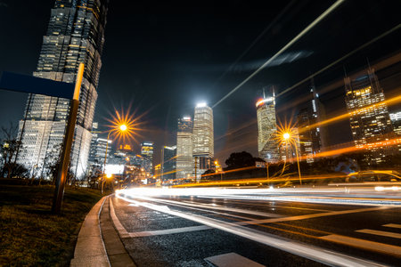 Car light trails at shanghai cityの写真素材