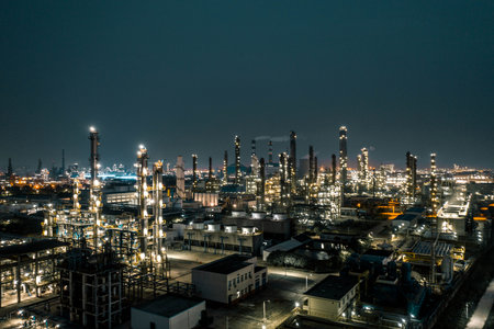 Petrochemical plant industrial background, aerial view of oil refinery factoryのeditorial素材