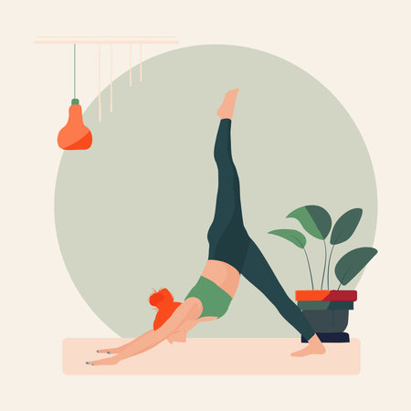 Woman practicing yoga at home. Flat vector illustration. Woman practicing yoga at home.