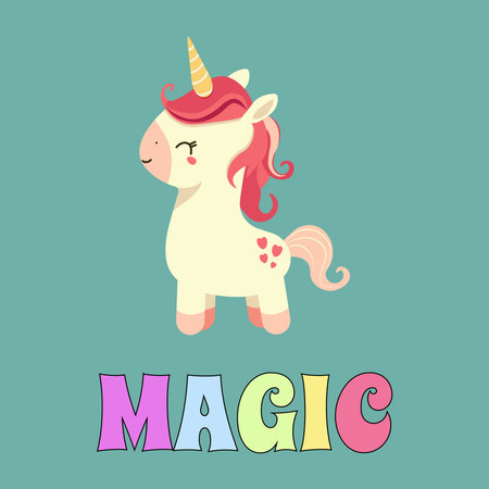 Cute cartoon unicorn with lettering - magic. Vector illustration.のイラスト素材