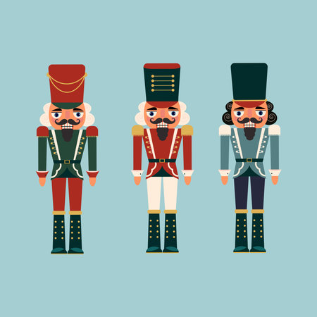 Set of Christmas Nutcracker toys soldier traditional figurine. Vector illustration in flat style.