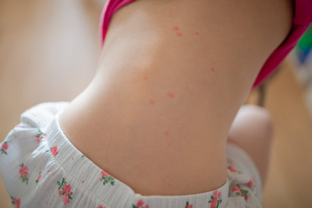 Chickenpox rash on child's back, close-up view. Red spots and early blisters typical for varicella virus infection. Pediatric skin disease symptoms.の写真素材