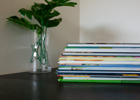 Stack of colorful books on the table with green plant in vase