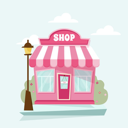Vector illustration of a pink shop building on a blue sky background.のイラスト素材