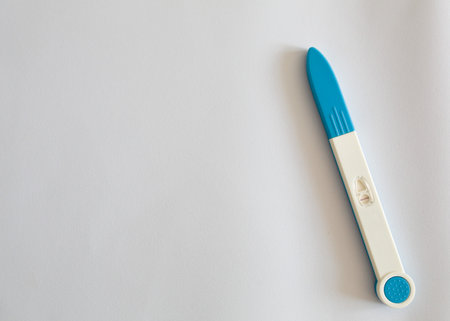 Pregnancy test on white background. Top view. Copy space.の写真素材