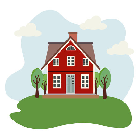 Flat red house with white windows, trees, green grass and blue sky. Cozy countryside home in Scandinavian style.のイラスト素材