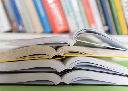 Books on the bookshelf in the library. Education concept.