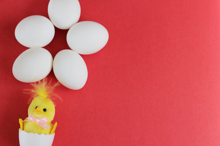 White chicken eggs and yellow toy chicken on red background. happy Easter. Symbol of new life. empty...