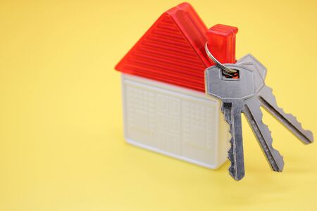 House keys and a plastic toy house on a yellow background. The concept of buying real estate.の写真素材