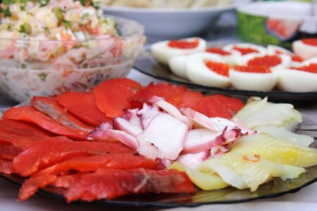 Russian Festive table with seafood and salmon caviar. Russian feastの写真素材