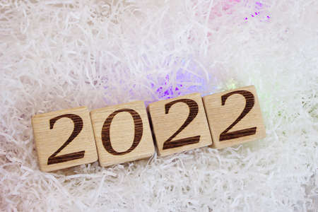 2022 new years number on wooden blocks close-up.の写真素材