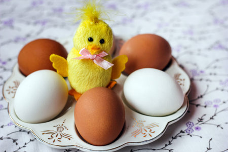 White, brown eggs and toy chicken on a special plate.