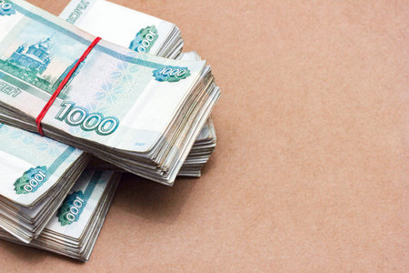 Bundles of bills. Russian banknotes. 1000 rubles bundles of bills.