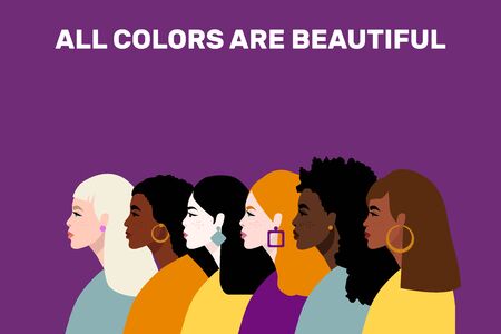 Stop racism. Black lives matter, we are equal. No racism concept. Flat style. Women. Different skin colors. Vector illustration. Isolated.のイラスト素材