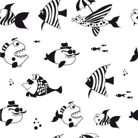 Seamless pattern with cute fish, black and white.のイラスト素材