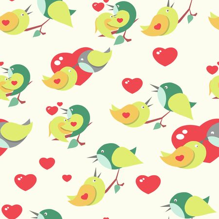 Seamless pattern of cute birds in love, bright colors.のイラスト素材