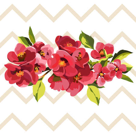 Vector image of branches of apple blossom on a white background with zigzags.のイラスト素材