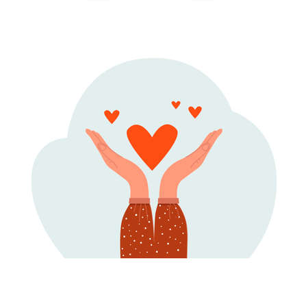 Charity concept, hands giving love, help, etc. Vector stock illustration, flat design. Isolated on a white background.のイラスト素材
