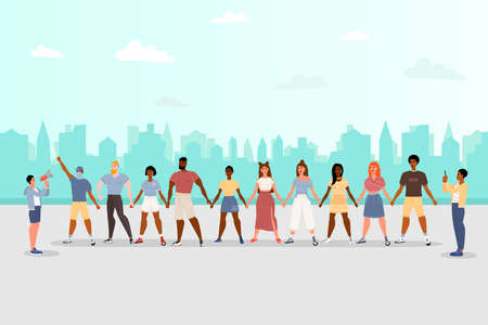Stop racism. Black lives matter, we are equal. No racism concept. Flat style. Protesting people. Different skin colors. Vector illustration. Isolated.のイラスト素材