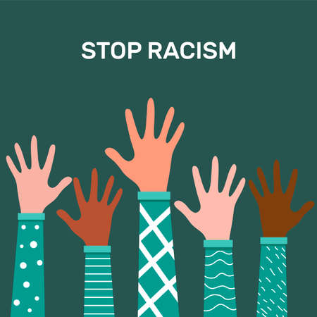 Stop racism. Black lives matter, we are equal. No racism concept. Flat style. Protesting hands people. Vector illustration. Isolated.のイラスト素材