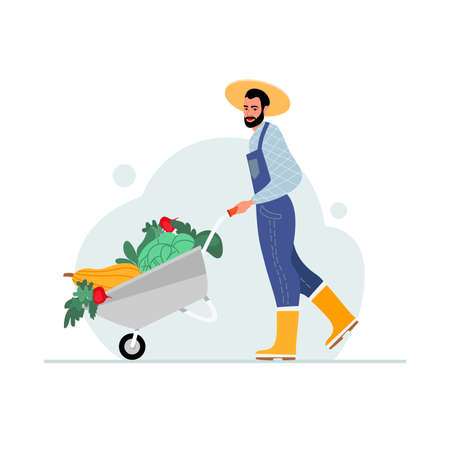 Male farmer with a cart of vegetables. The concept of healthy organic food. Vector illustration in a flat style. Isolated on a white background.のイラスト素材