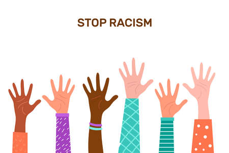 Stop racism. Black lives matter, we are equal. No racism concept. Flat style. Protesting hands people. Vector illustration. Isolated.のイラスト素材