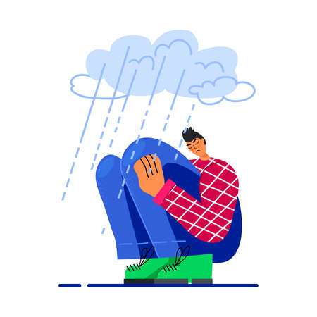 Image of a sad young guy sitting and unhappily hugging his knees and crying. The man is depressed. Vector stock illustration. Flat design. Isolated on a white background.のイラスト素材