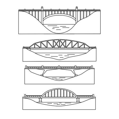 The image of bridges, architectural structures. Profile. Set. Linear design. Vector illustration. Isolated on white background.のイラスト素材