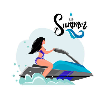 Summer postcard with a picture of a girl. Hello summer lettering. Vector illustration.のイラスト素材