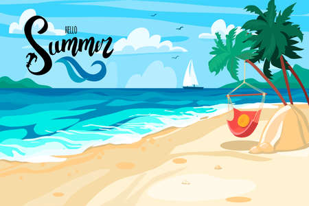 Postcard on a summer theme. Beach, seascape. Summer vacations, relaxation, tourism. Hello summer lettering Flat designのイラスト素材