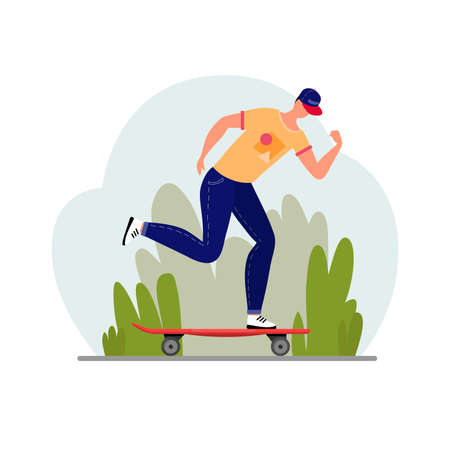 Healthy lifestyle concept. Image of a young man riding a skateboard. Vector stock illustration.のイラスト素材