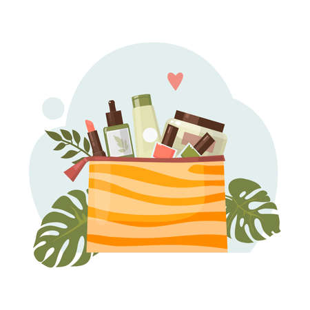 The concept of using organic cosmetics and nature conservation. Image of a cosmetic bag surrounded by green flakes, cosmetic products. Isolated on white background. Flat design. Vector illustration.のイラスト素材
