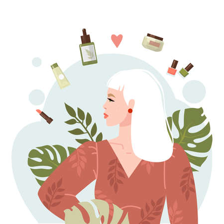 The concept of using organic cosmetics and nature conservation. Image of a young girl surrounded by green flakes, cosmetics. Isolated on white background. Flat design. Vector stock illustration.のイラスト素材