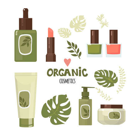 Organic cosmetics set. Cream, lipstick, nail polish, etc. Flat design. Vector stock illustration. Isolated on white background.のイラスト素材