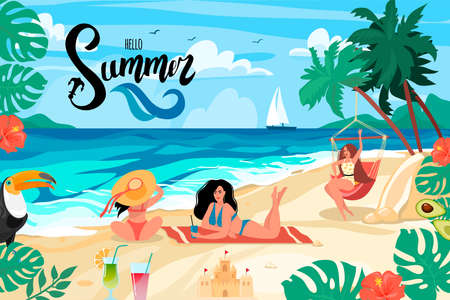 Summer bright postcard. Girls are resting on the sea coast. Hello summer lettering. Vector illustration. Cartoon design.のイラスト素材