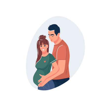 A young couple is expecting a baby. Pregnant woman with a big belly and her hugging husband. Happy pregnancy. Future parents, family, motherhood, fatherhood. Vector illustration. Flat cartoon style.のイラスト素材