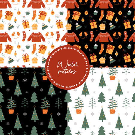 Collection of Christmas seamless patterns. The image of trees, snowflakes, winter clothes, gifts. Vector illustration.の写真素材