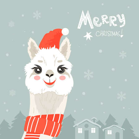 Cute llama in red Christmas hat. Vector illustration. Alpaca cartoon character. Isolated. Flat style.のイラスト素材