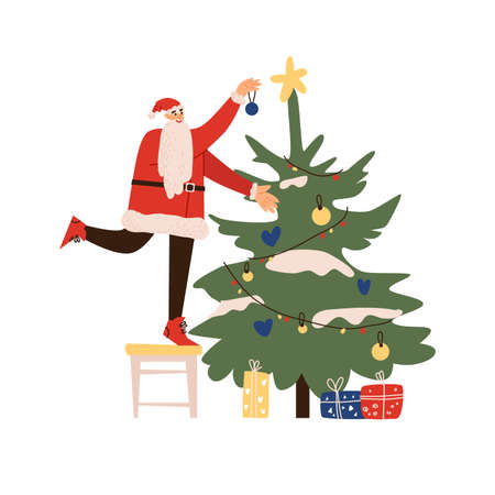 Happy Santa Claus is decorating the Christmas tree. Flat design. Vector illustration. Isolated on a white background.のイラスト素材