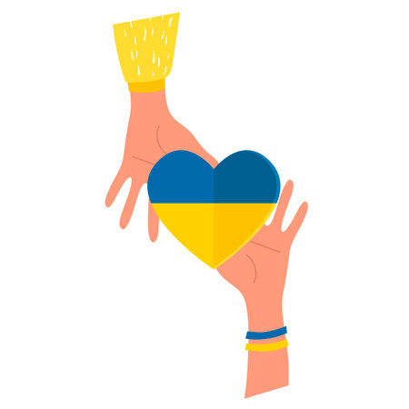 Hands holding a heart in the colors of the Ukrainian flag. Support for Ukraine. Help concept. No war. Vector flat illustration. Isolated.のイラスト素材