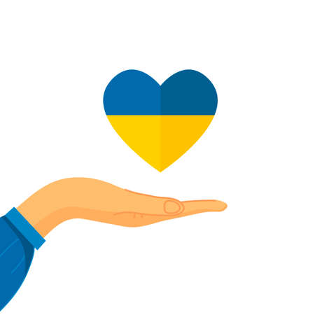 A hand holding a heart in the colors of the Ukrainian flag Support for Ukraine. Help concept. No war. Vector flat illustration. Isolated.のイラスト素材