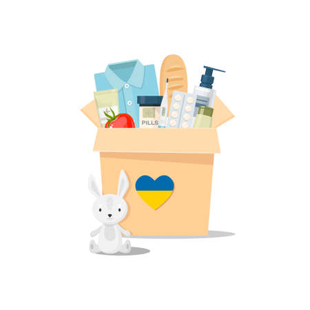 Donation box in Ukraine. Open the box with food, clothes, medicines, toys. Help for refugees, humanitarian aid. Vector illustration. isolated.のイラスト素材