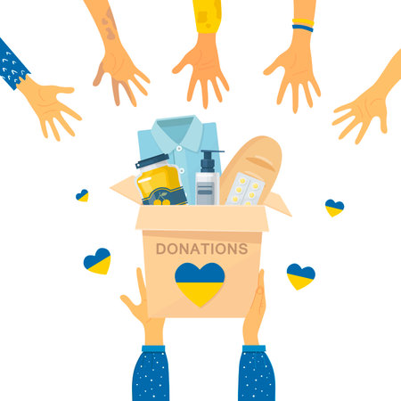 The concept of transferring donations in Ukraine. Help for refugees, humanitarian aid. Vector illustration. Isolated.のイラスト素材