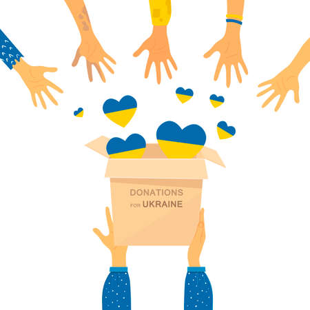 The concept of transferring donations in Ukraine. Help for refugees, humanitarian aid. Cartoon style. Vector illustration. Isolated.のイラスト素材