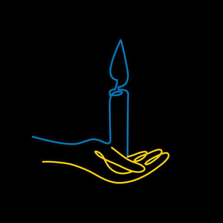 Human hands hold a candle of remembrance. Melting wax candle. Vector design linear. Isolated on a black background.のイラスト素材