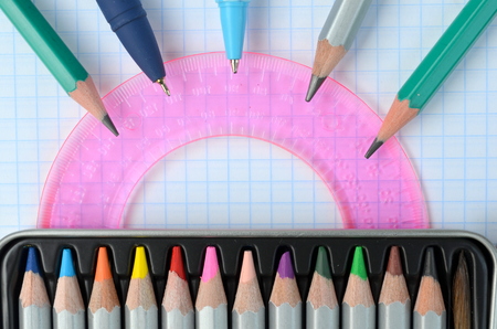 Colored pencils, pen, protractorの写真素材