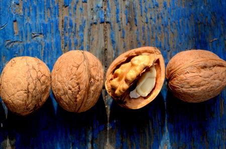 walnut on wooden backgroundの写真素材
