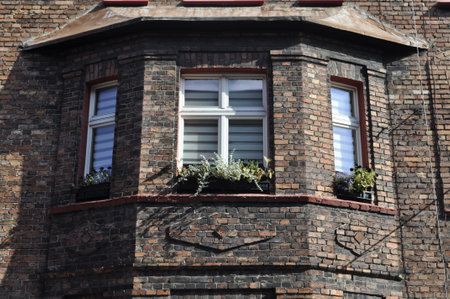 Old brick house with window and flowerpots in London, UK.の写真素材