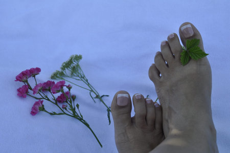 Female feet with pink pedicure and flowers on a blue background